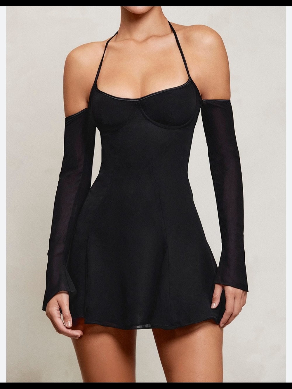 Sleek Black Halter Mini Dress with Mesh Sleeves In Like New Condition